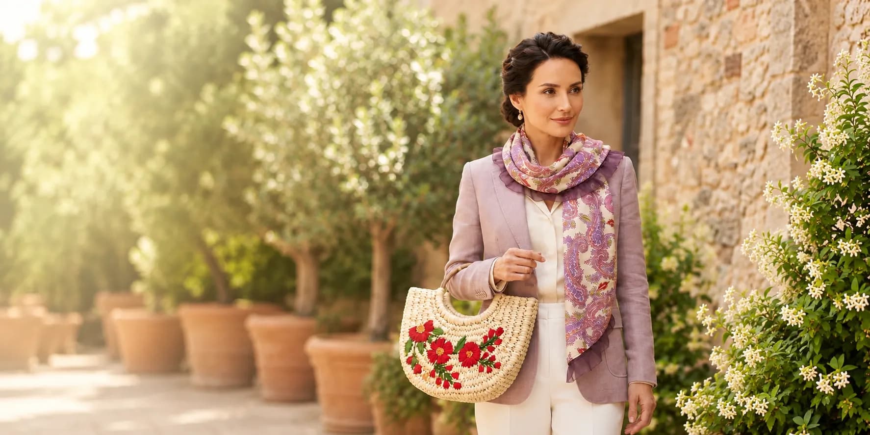 Woman carrying a hand-embroidered straw tote with red flowers