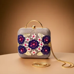 Women Grey Floral Sequin Pearl Embroidery Box Clutch