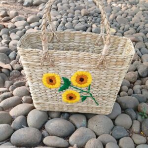 Handwoven Straw Tote with Sunflower Embroidery – Eco-Friendly Chic