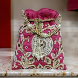 Embroidered Beads work Fuschia Potli bags for women
