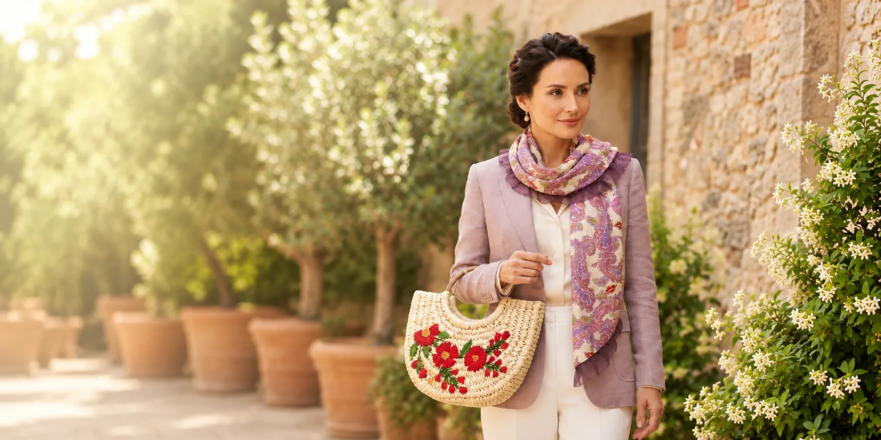 Woman carrying a hand-embroidered straw tote with red flowers